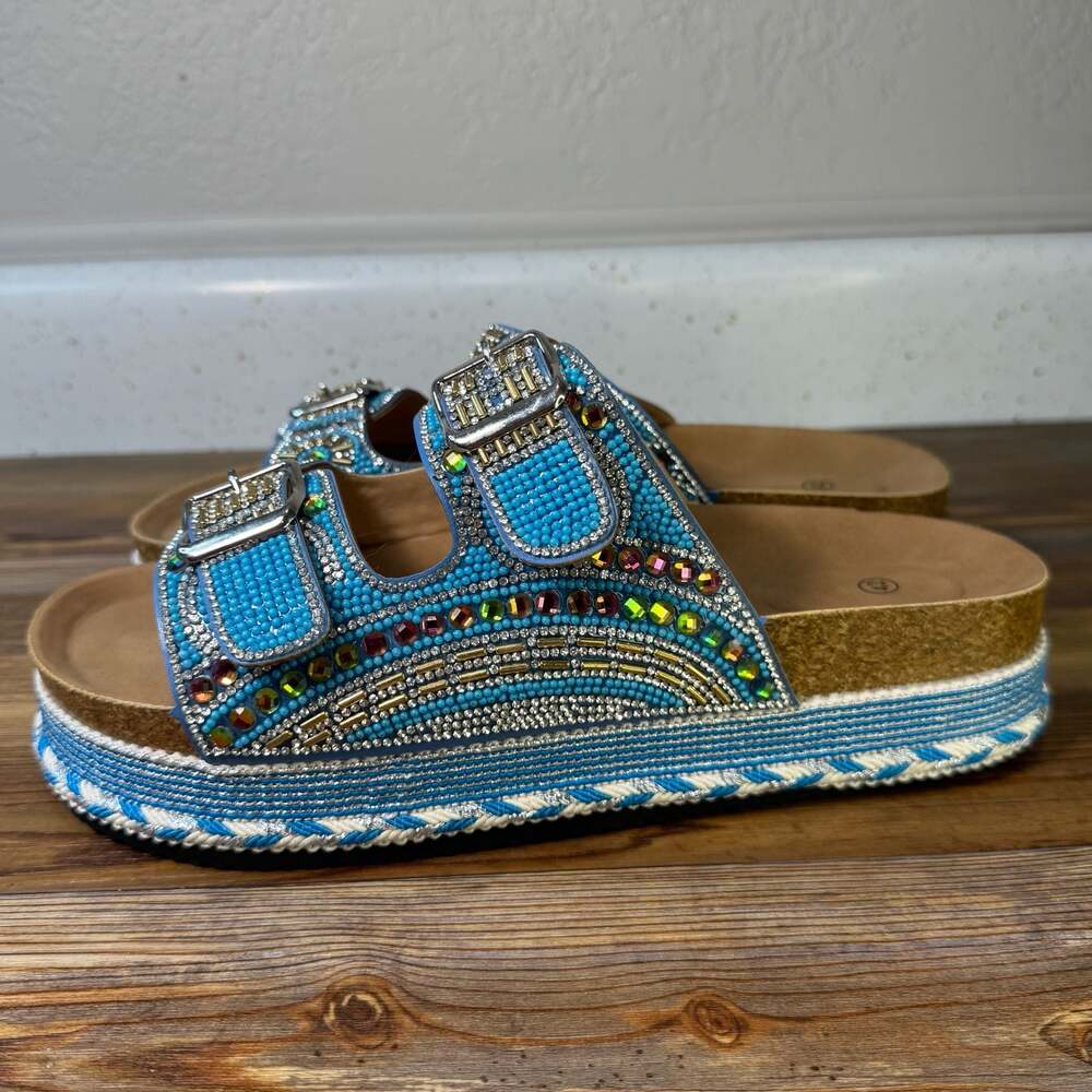 Boho Rhinestone Beaded Platform Sandals Turquoise Double Buckle Slide Size 11 - Picture 2 of 8